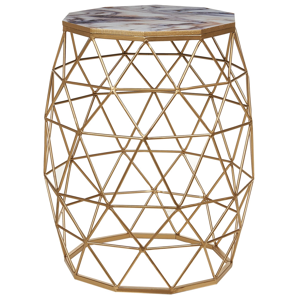 Tavolino da salotto rotondo in metallo dorato con ripiano effetto marmo ø 52 cm stile glamour moderno