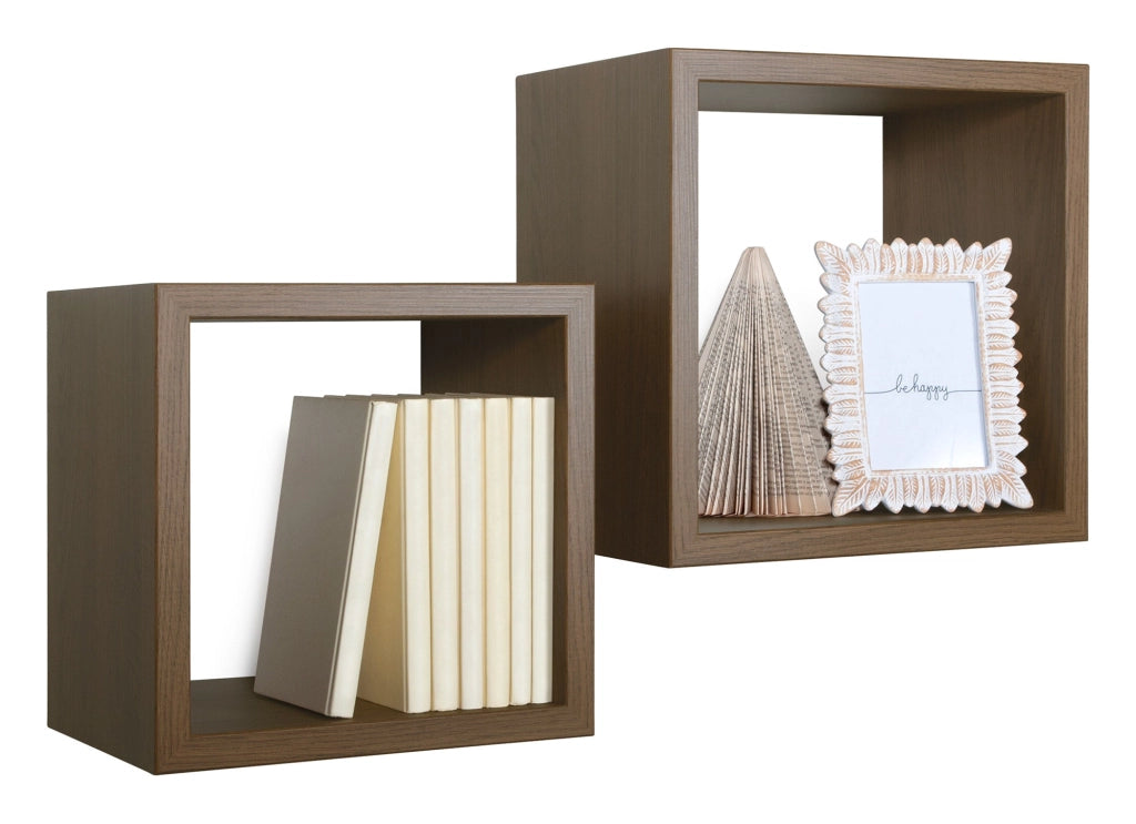 Set 2 Mensole Cubo da Parete Quadrato in Fibra di Legno Q-Bis Maxi Rovere Tabacco