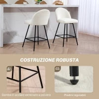 Set da 2 Sgabelli da Bar con Schienale in Velluto e Poggiapiedi in Acciaio, Bianco Crema