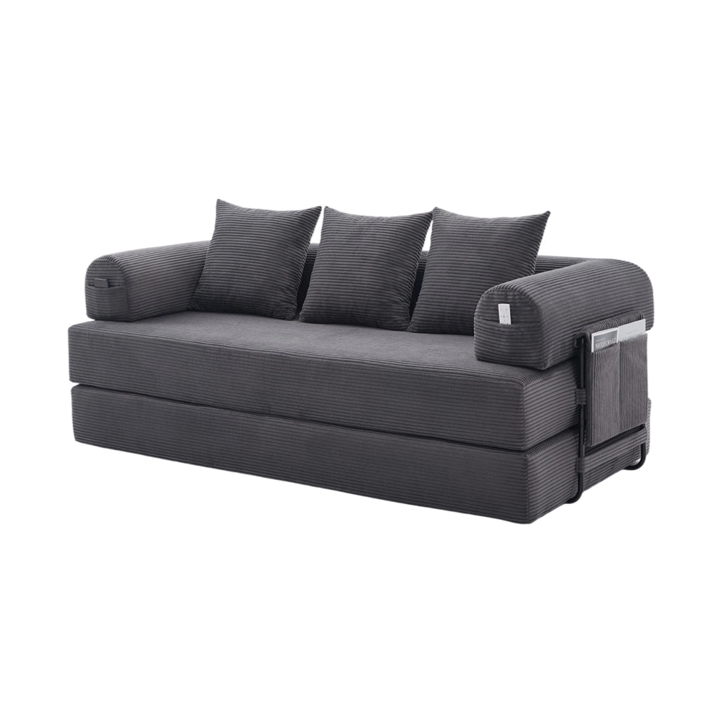 Divano modulare 200x94x67 cm con tasca laterale e 3 cuscini in corduroy grigio scuro