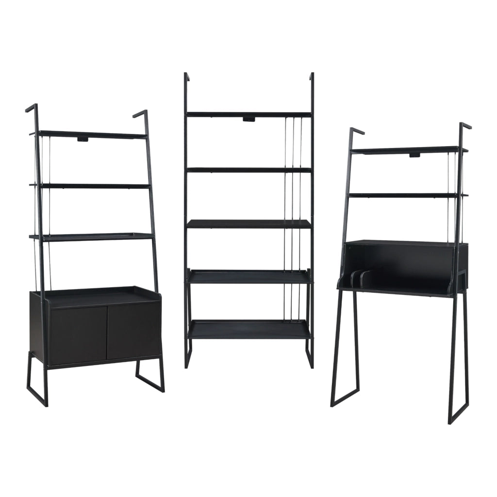 Set Storfjord Composto di Scrivania con Ripiani in Alto Scaffale a 5 Ripiani e Scaffale con Armadietto - Nero [en.casa]