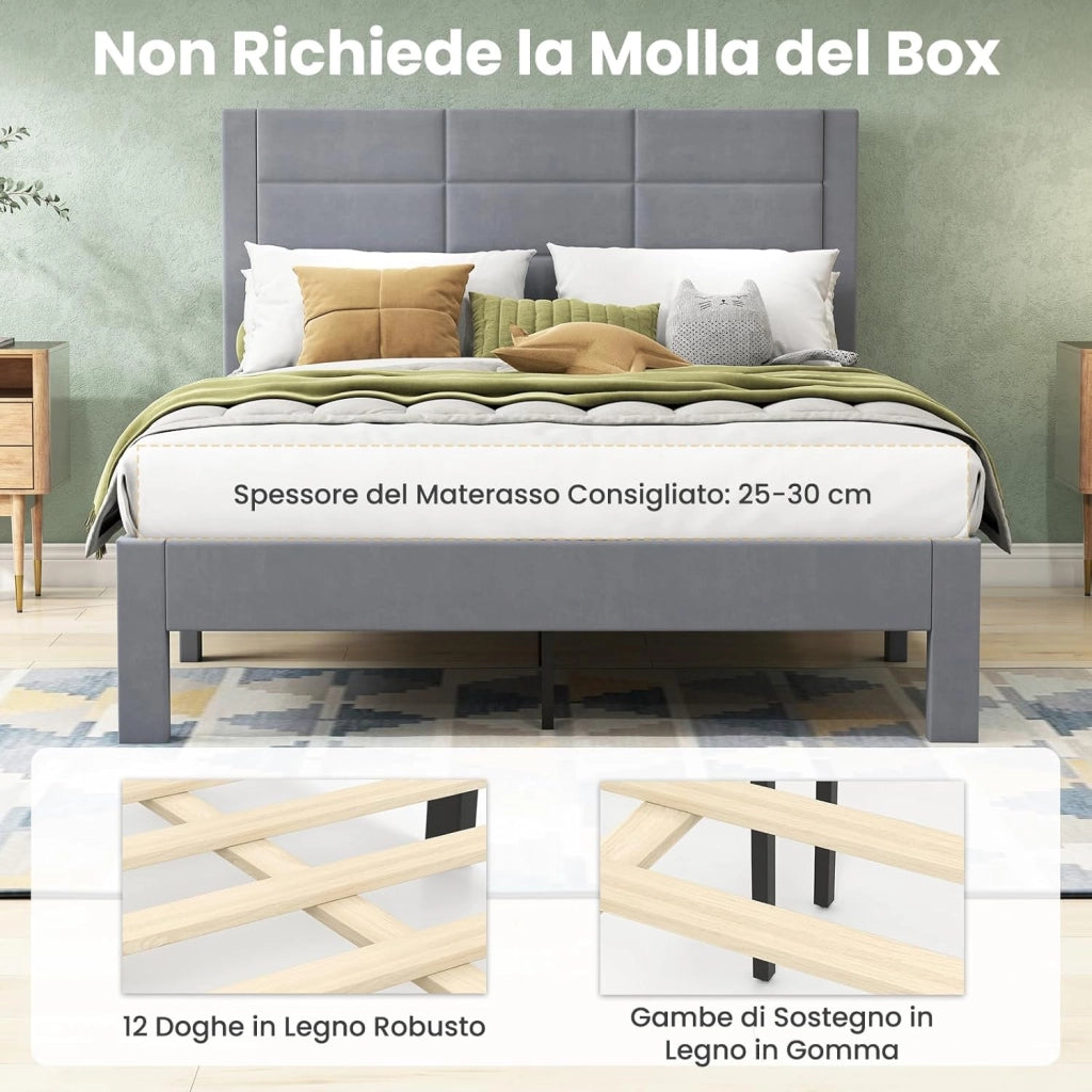 Struttura Letto Imbottito Matrimoniale 140x200 cm, Letto Piattaforma Imbottito, con Testiera in Morbido Tessuto di Velluto e Supporto a Doghe di Legno, Silenzioso, Carico 250kg (Stile 1)