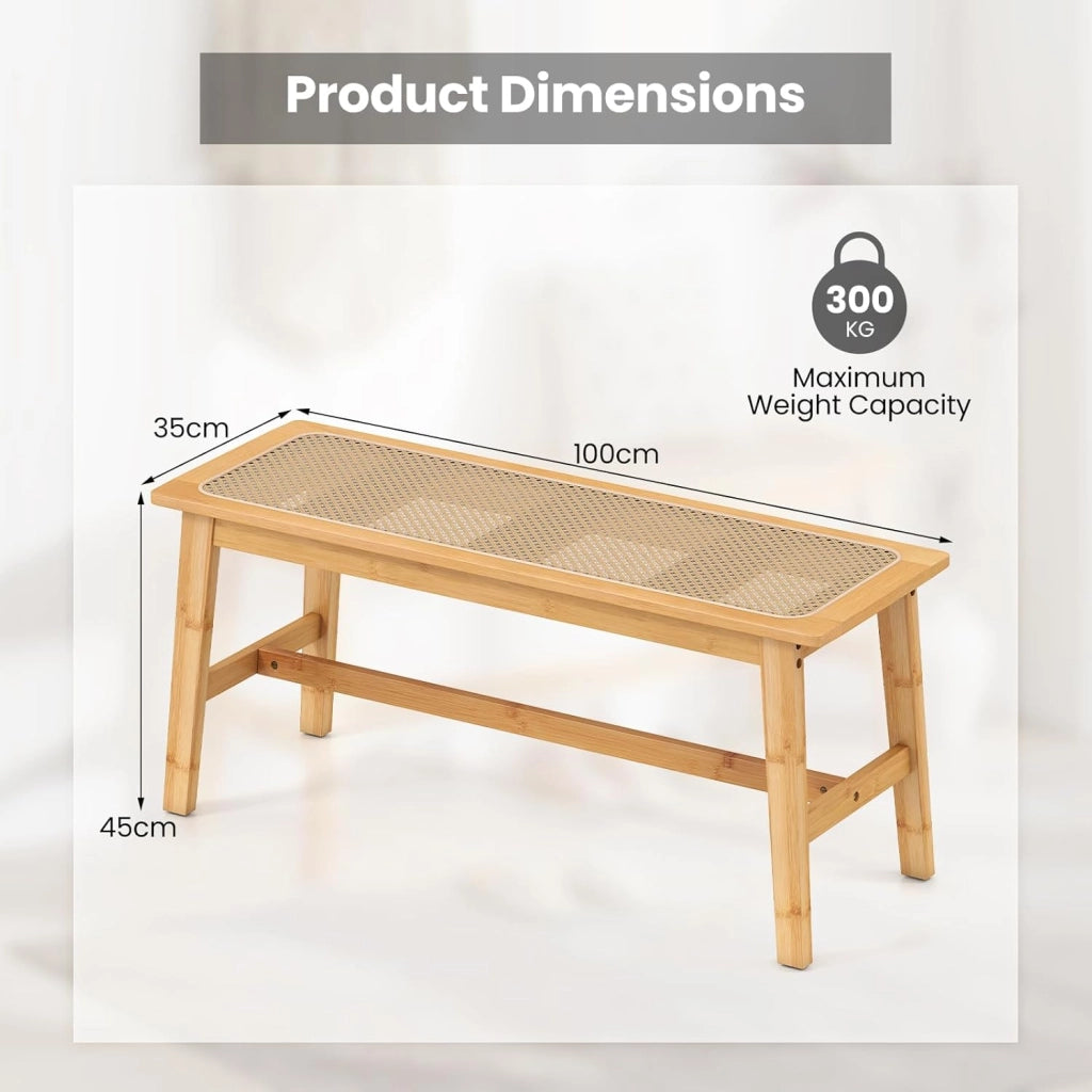 Panca d'Ingresso in Bambù, Sgabello da Pavimento con Seduta Traspirante in Rattan, Stile Rustico, 100x35x45 cm, Portata Fino a 300 kg, per Ingresso, Sala da Pranzo e Camera da Letto
