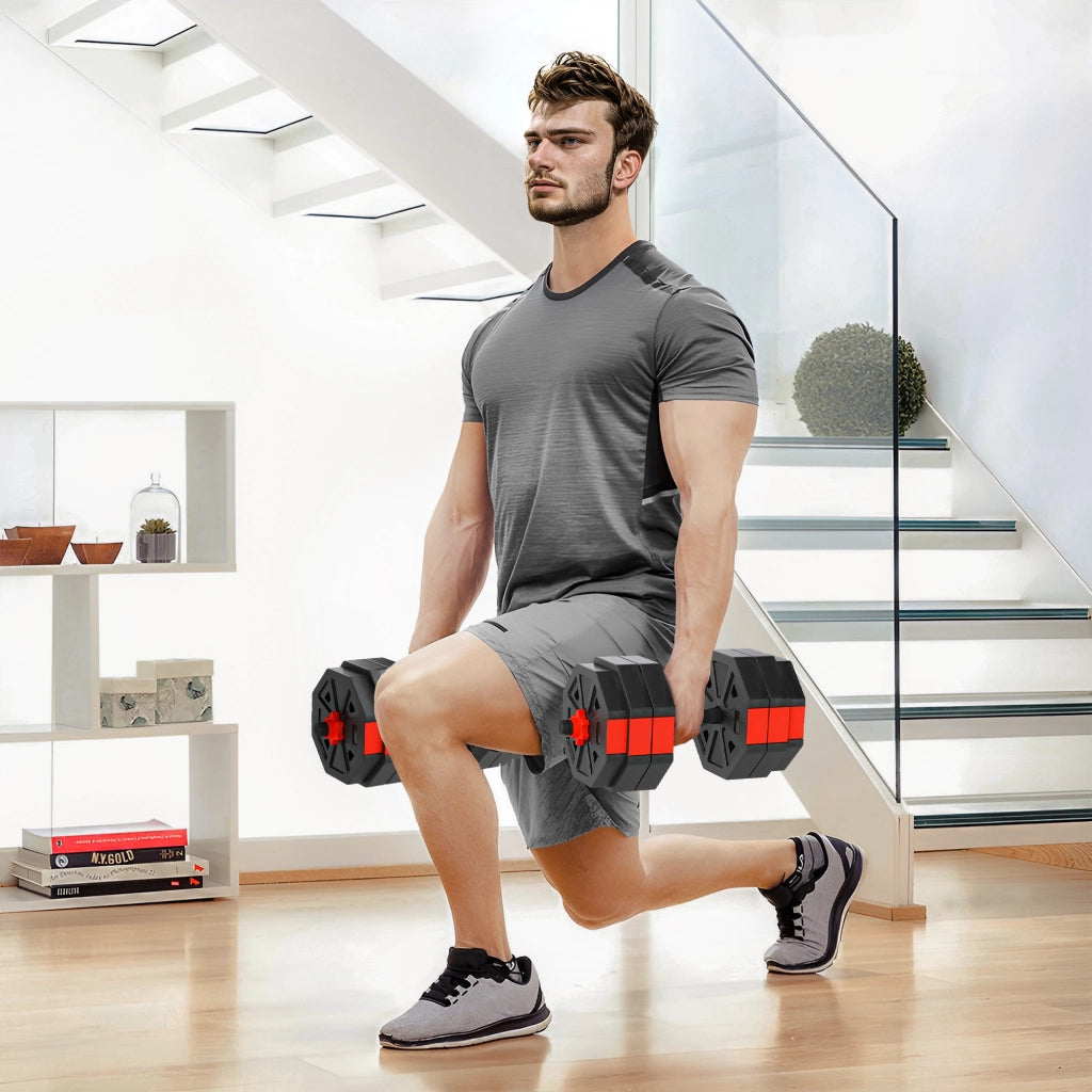 Set Pesi da Palestra 6 in 1 da 30kg, Convertibile in Kettlebell, 2 Manubri, Bilanciere e Supporto Flessioni, Rosso