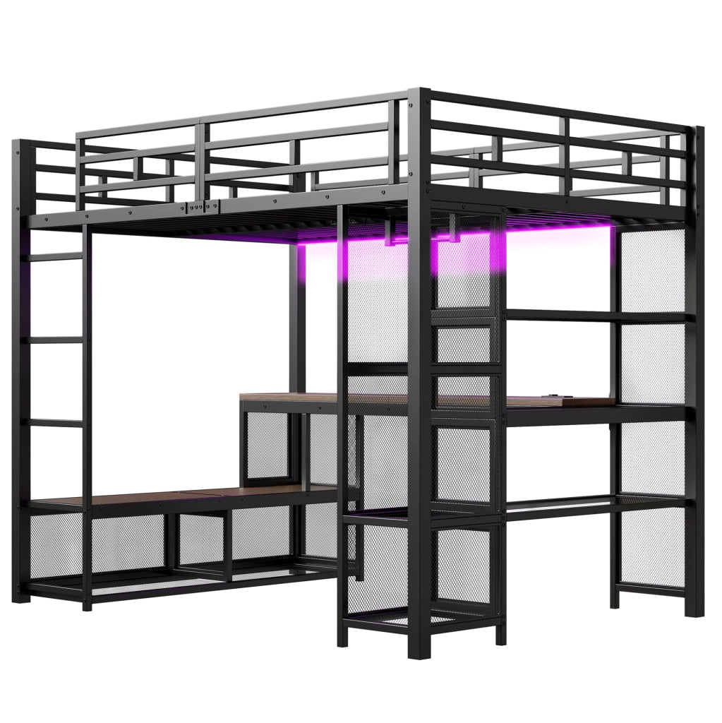 Letto a soppalco 140x200 cm con scrivania; ripiani; LED e guardaroba aperto in metallo nero
