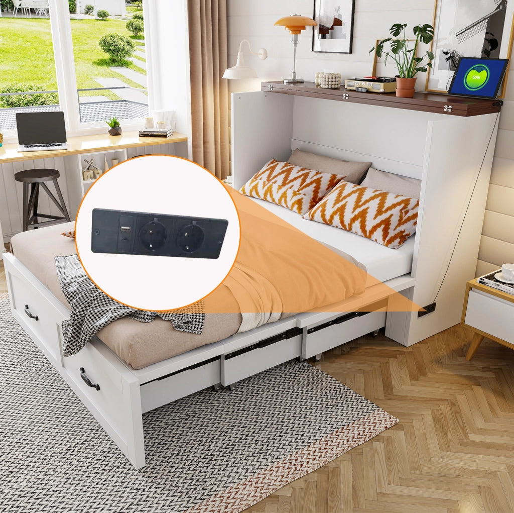 Letto pieghevole salvaspazio 140x200 cm con presa EU; struttura in metallo e legno; bianco