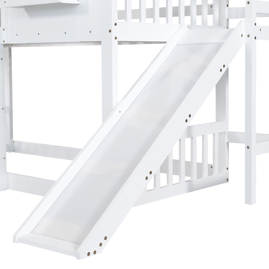 Letto a Castello 90x200 cm con Scivolo; Tetto e Finestre - Legno e MDF - Bianco
