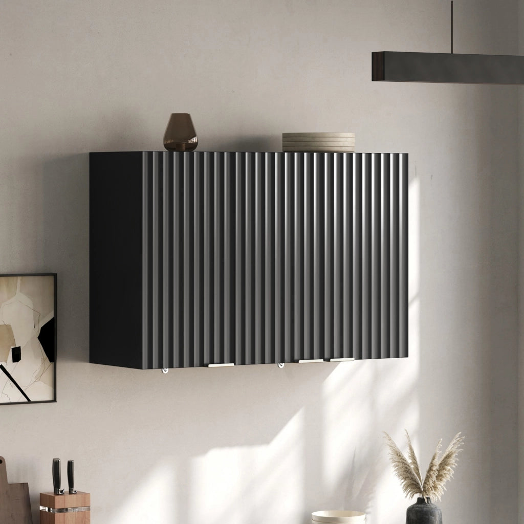 Pensile da parete con 3 ante in MDF nero 90x29x60 cm per cucina, bagno e lavanderia