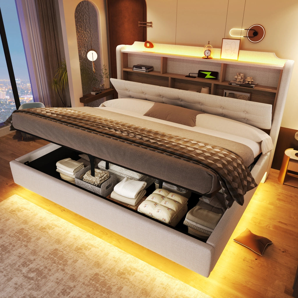 Letto matrimoniale contenitore 180x200 cm effetto sospeso con LED; testiera portaoggetti; USB e USB-C; lino beige