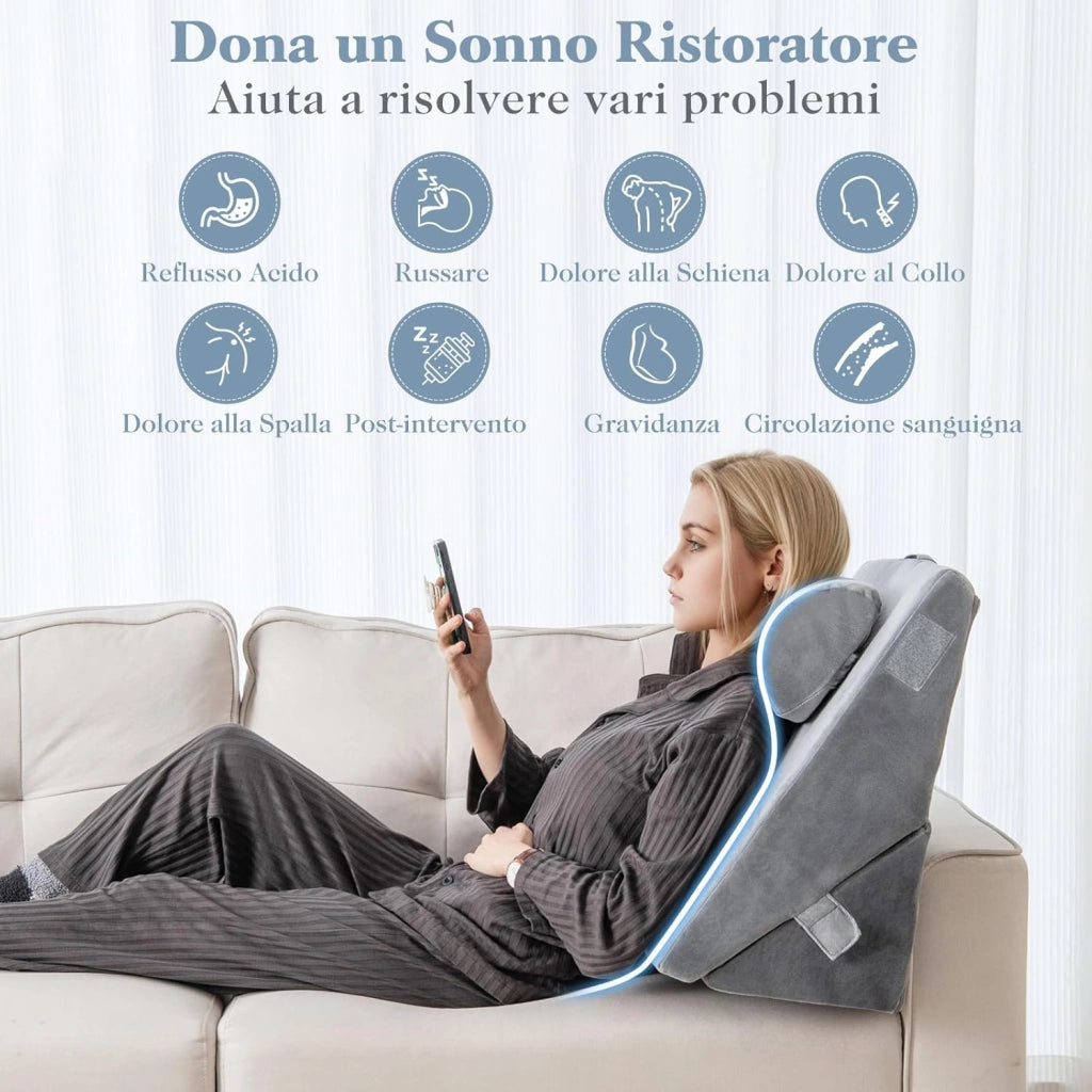 Set di 3 Cuscini a Cuneo per Letto, Cuscino Inclinabile Regolabile con Schiuma Memory Air, Set di Cuscini Alleviare il Dolore alla Schiena (Grigio)