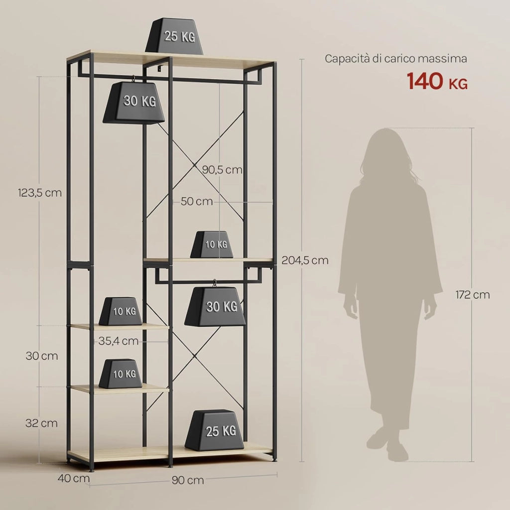 Stand Appendiabiti in MDF Attaccapanni Guardaroba Armadio Scaffale Porta Abiti Acciaio 90x40x204,5 cm