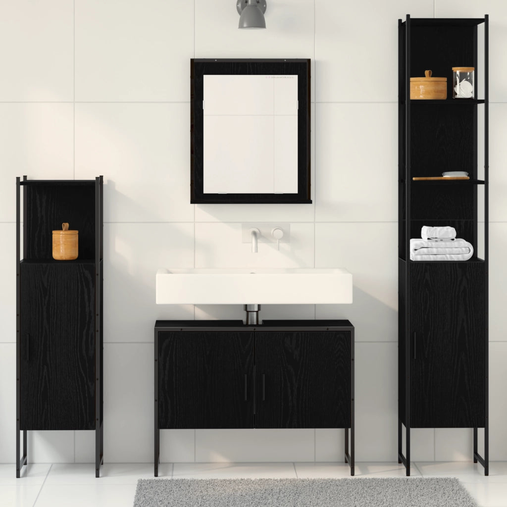 Set di Mobili da Bagno 4 Pezzi Rovere Nero Legno Ingegnerizzato