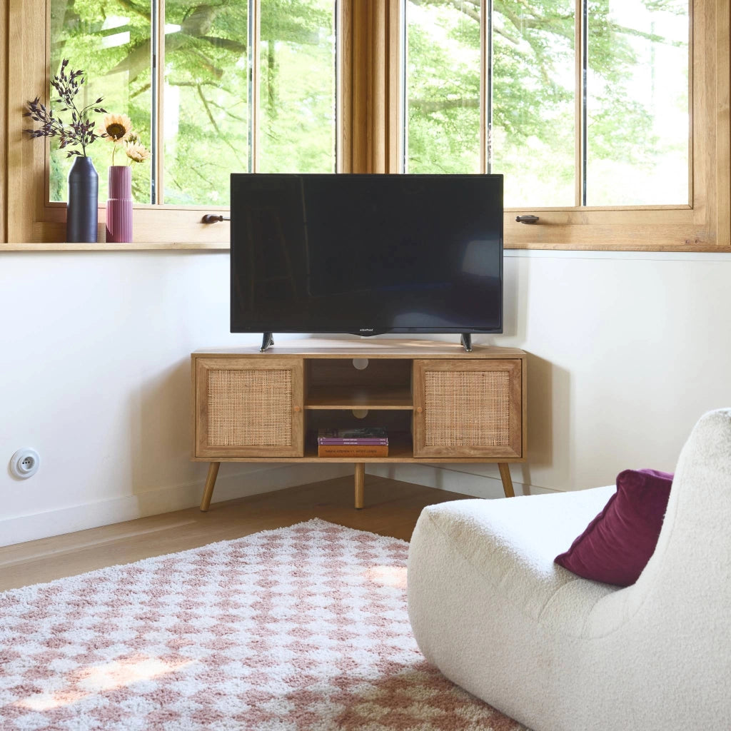 Mobile tv in legno e canna, 2 ante, 1 ripiano, 115cm, marrone naturale
