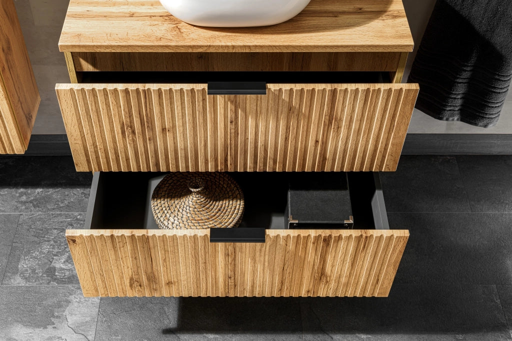Set mobili bagno 120 cm con piano e mobile con cesto portabiancheria Adel Oak 120 x 1401 x 46 cm