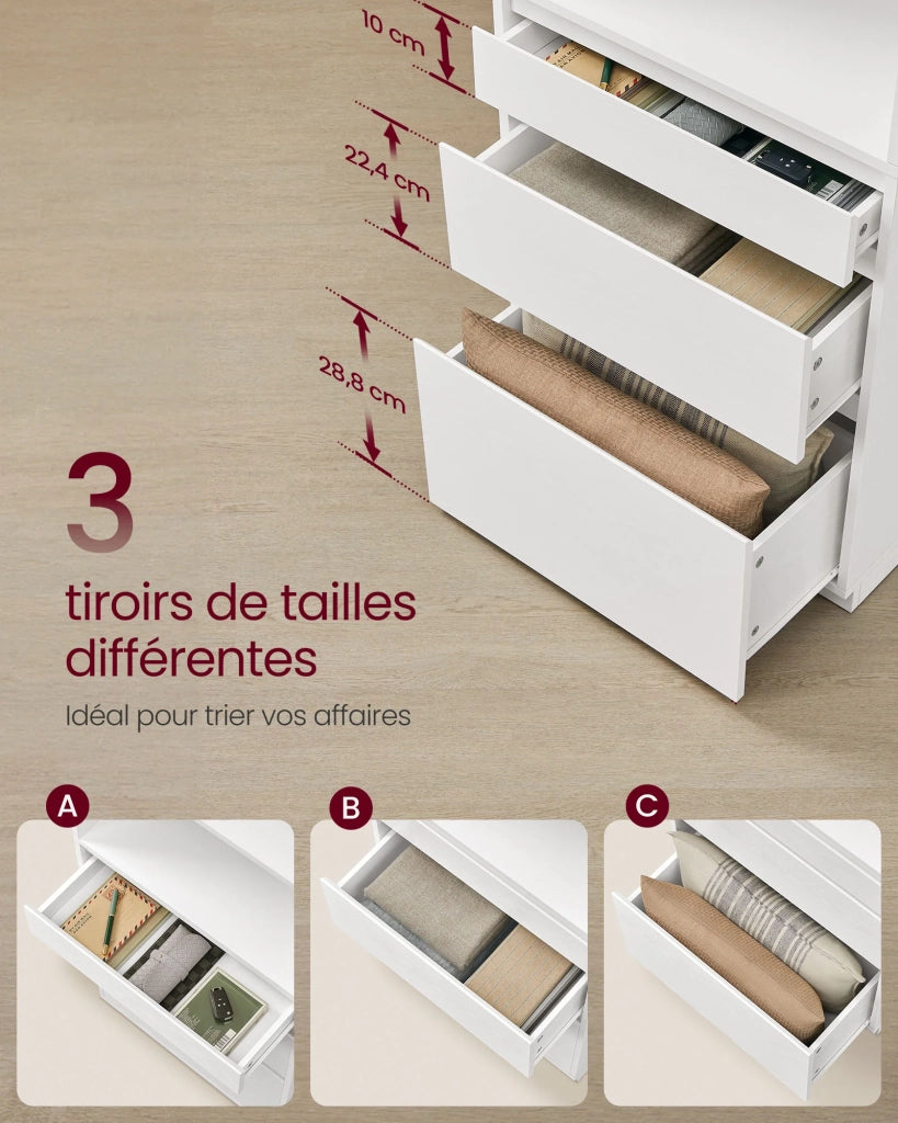 Libreria/credenza alta con 3 cassetti di diverse dimensioni e ripiani regolabili 30 x 57,1 x 180 cm per soggiorno camera da letto o ufficio design moderno salvaspazio bianco 12_0004216