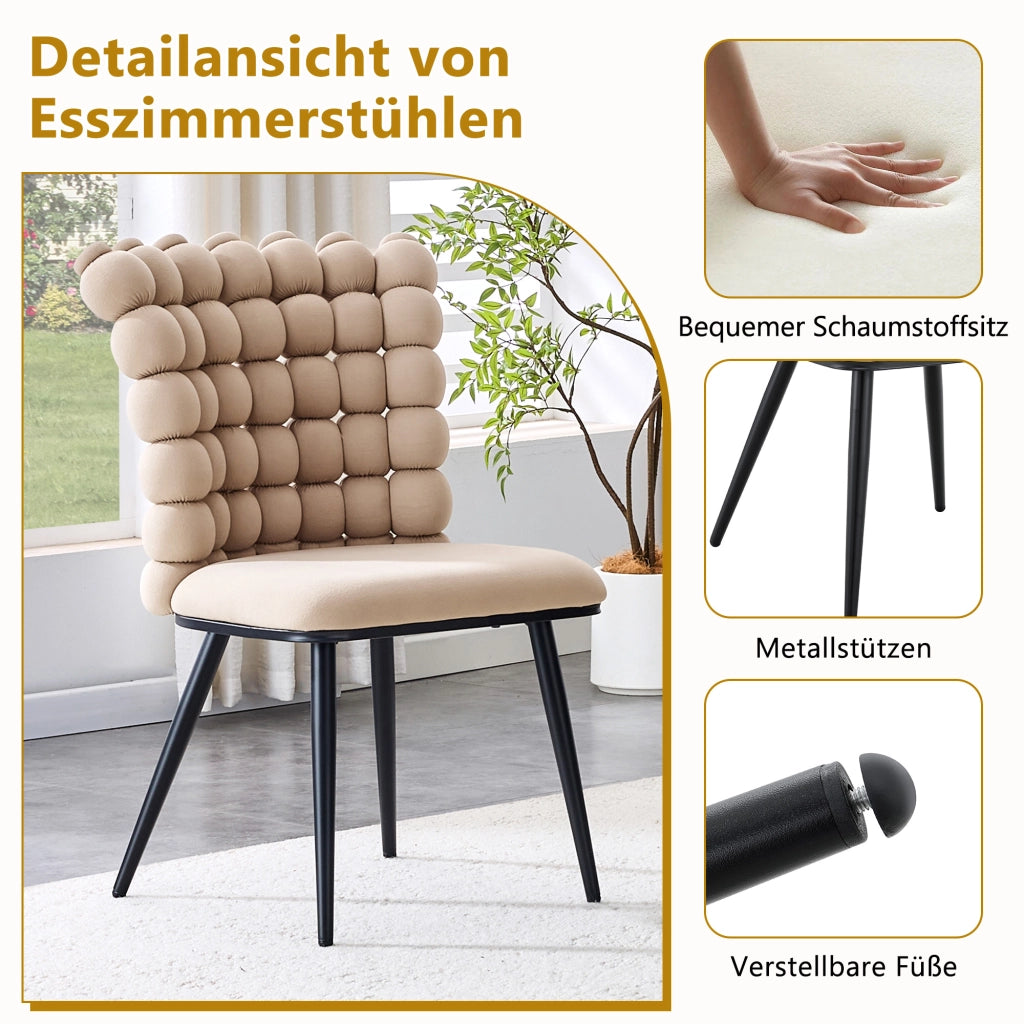 Sedia da Pranzo con Schienale a Catena di Sfere, Design Moderno, in Velluto e Metallo, Cammello