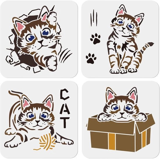 Stencili per gatti 4 pezzi - Scheda per dipingere 8 × 8 pollici - Disegno gatto - Materiale PET lavabile - T-shirt DIY - Decorazione per parete in legno - Stencil per pittura