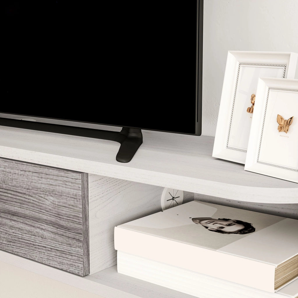 Mobile TV Sospeso 2 Ripiani e 1 Vano Chiuso a Ribalta 120x26x16 cm Bianco e Grigio