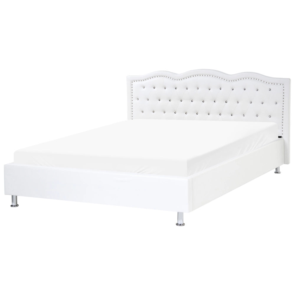 Letto 160 x 200 cm Bianco Ecopelle Cornice Imbottita Bottoni In Cristallo Bottoni Poggiatesta