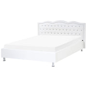 Letto 160 x 200 cm Bianco Ecopelle Cornice Imbottita Bottoni In Cristallo Bottoni Poggiatesta