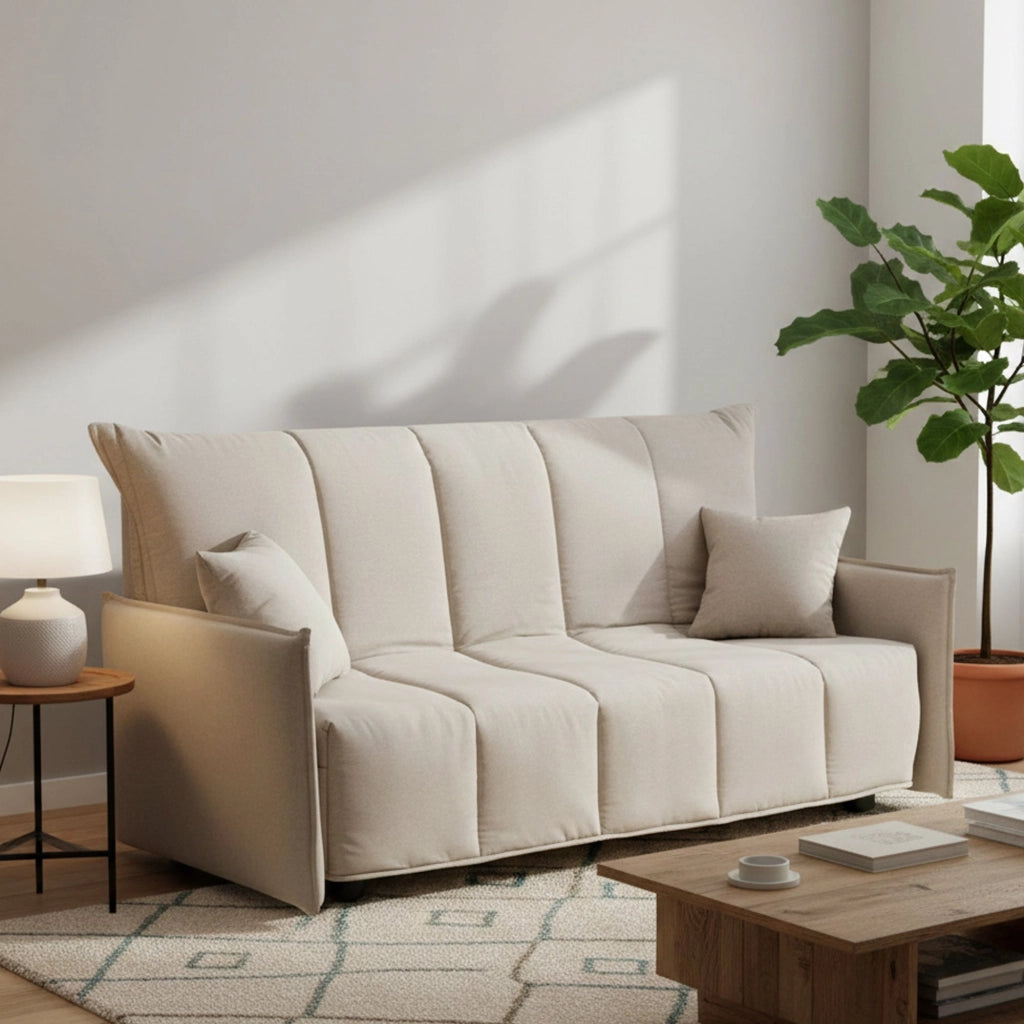 Divano Letto Ardis, Divano a 3 posti, Made in Italy, SofÒ  Soggiorno con apertura a carrello con apertura a carrello, in tessuto imbottito, con Braccioli standard, cm 190x90h85, colore Beige