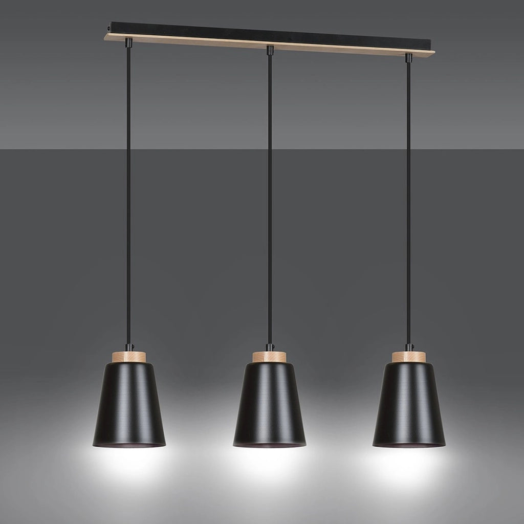 Lampada a sospensione BOLERO 3 in acciaio nero opaco e legno