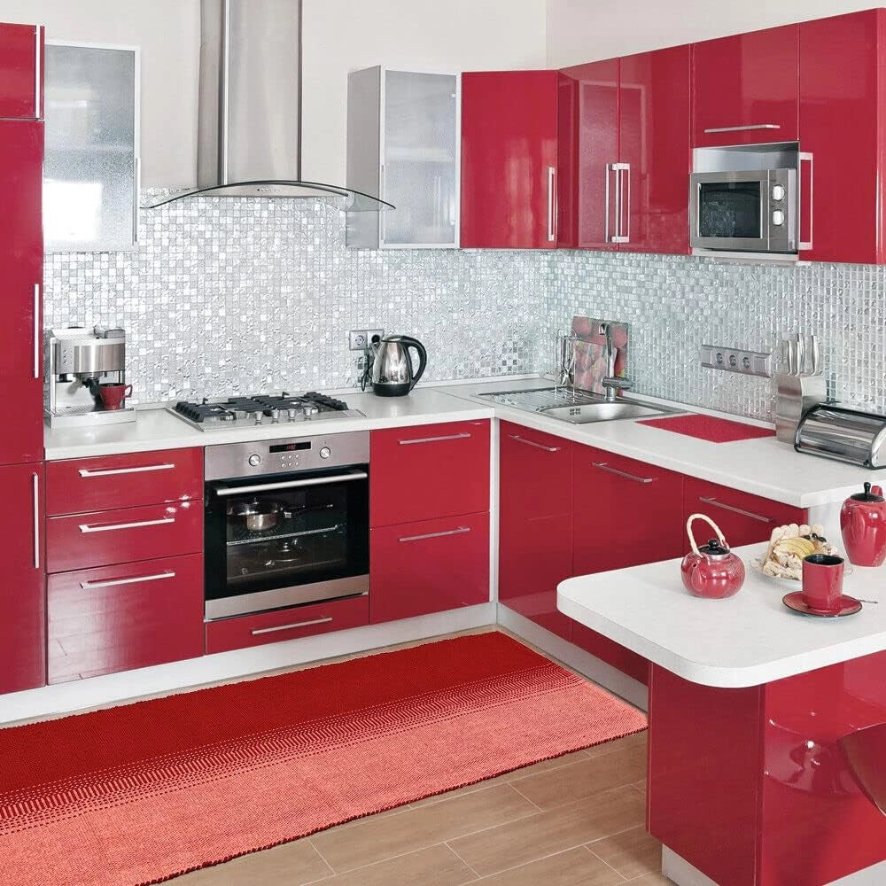 Tappeto Cucina Bagno Puro Cotone Assorbente Tessuto Intrecciato a Mano Rosso 50x110 cm