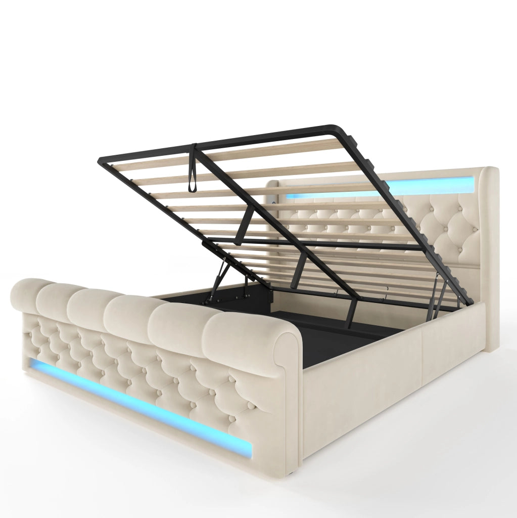 Letto matrimoniale 160x200 cm in velluto beige con LED; contenitore; USB e Type C; materasso incluso