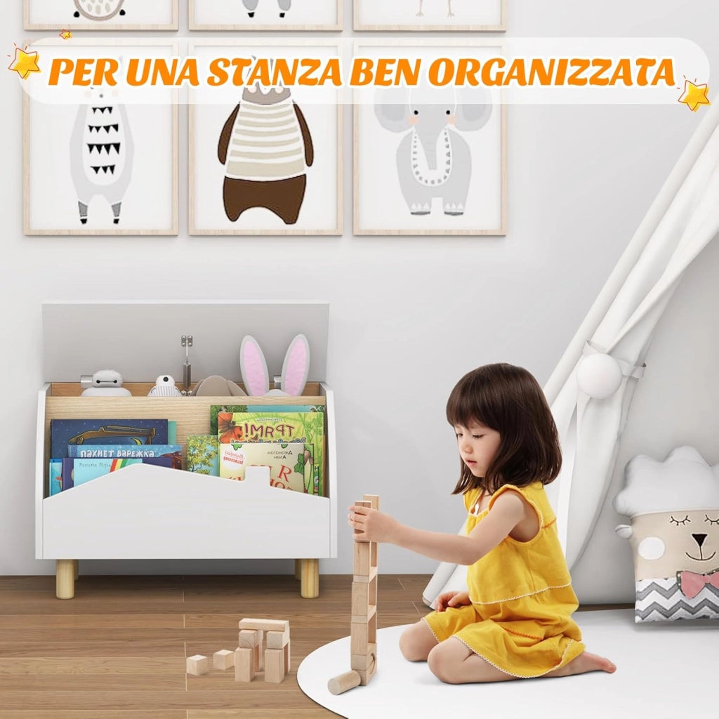 libreria Montessoriana 2-in-1 per Bambini in Legno, Scaffale Porta Libri e Giocattoli con Cassone, Coperchio Ammortizzato e Maniglie, Ideale per Cameretta e Nido, 60 x 30 x 44 cm (Bianco)