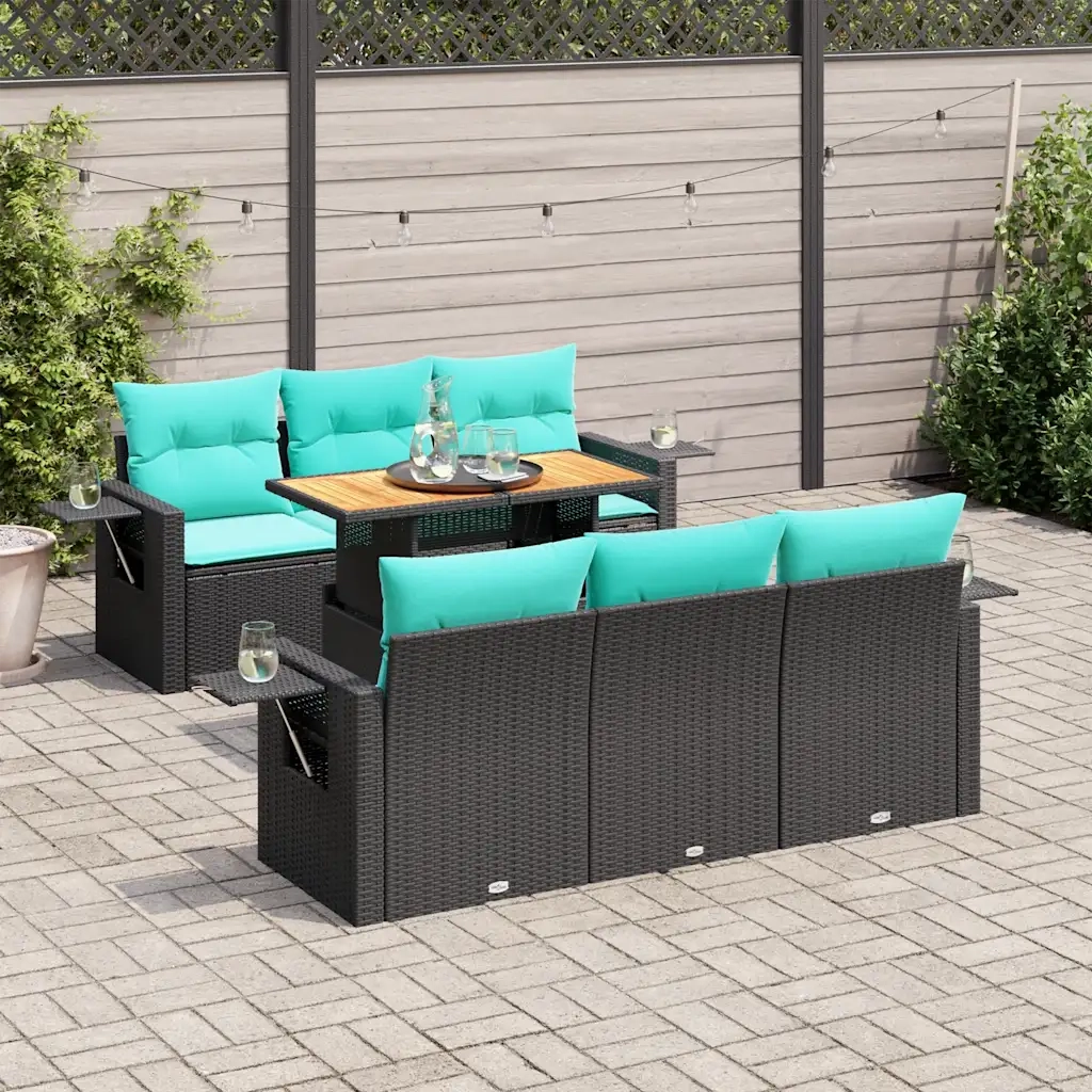 Set Divani da Giardino con Cuscini 7pz Nero Polyrattan
