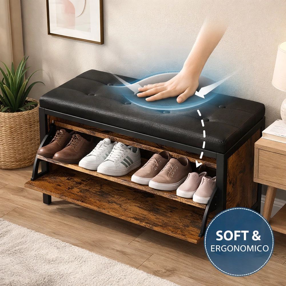 Panca Scarpiera Seduta Imbottita Industrial Porta Scarpe Salvaspazio 80x30x51cm