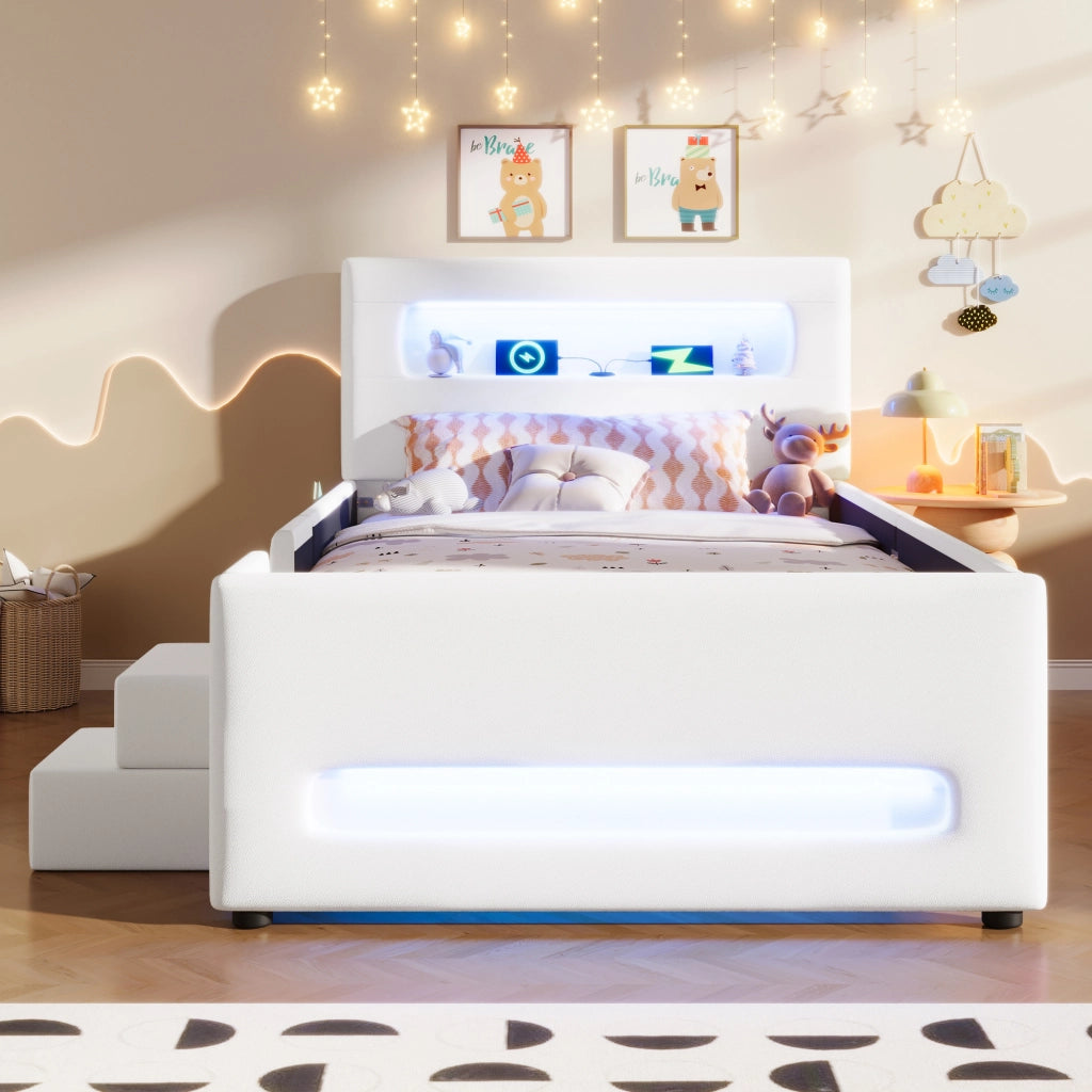 DESMIU Letto singolo 90 × 200 cm con cassetto, luce LED, senza materasso, in PU e MDF, bianco