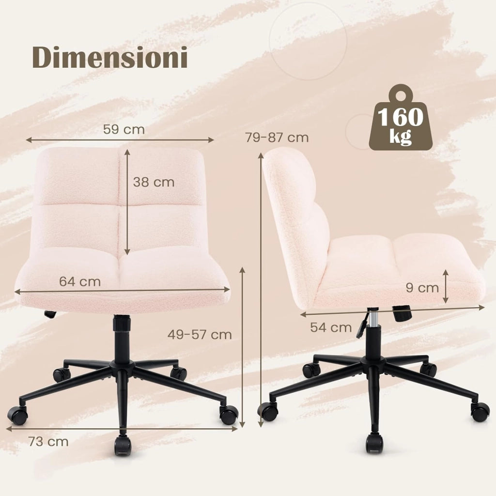 Sedia a Gambe Incrociate, Sedia da Ufficio con Ruote, con Seduta Riempita, Altezza Regolabile, Senza Braccioli, Portata 160 kg (Rosa)
