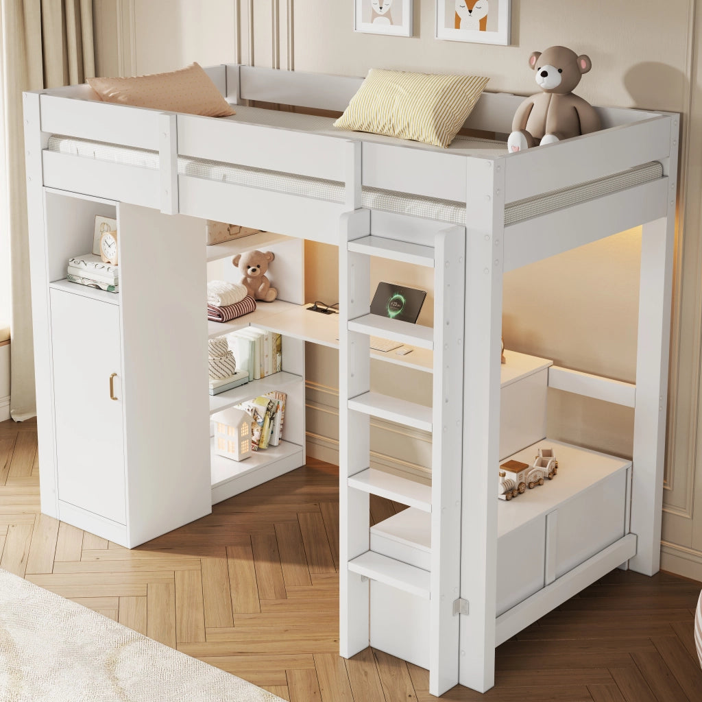 Letto a Soppalco 90 x 200 cm; Letto Singolo - Scrivania; Armadio; LED e USB - Bianco