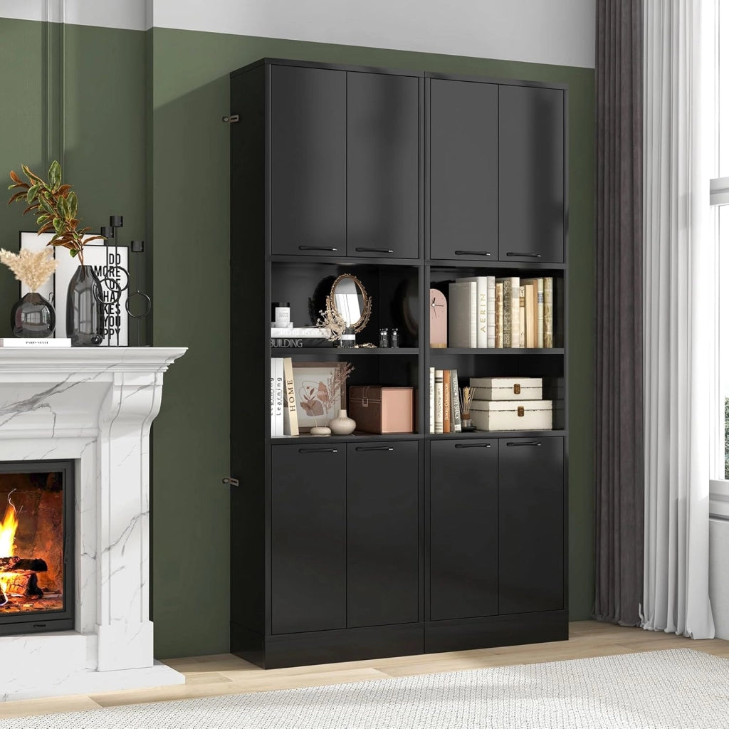 Credenza da Cucina Alta 190 cm con 4 Ante, 2 Scomparti Aperti e 6 Ripiani, 4 Kit Antiribaltamento, Armadio Portaoggetti per Cucina e Bagno