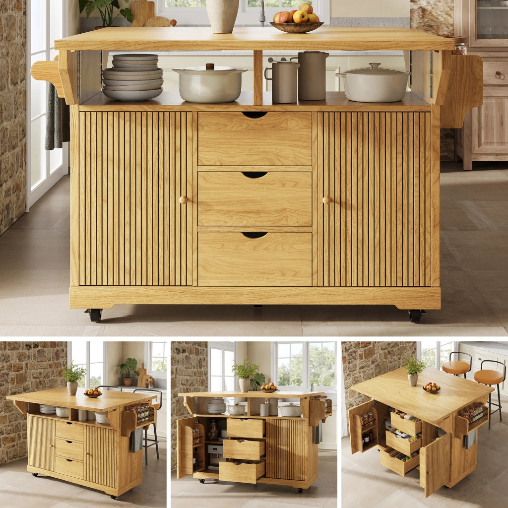 Carrello servitore con estensioni ribaltabili; altezza ergonomica 95 cm; 3 cassetti; marrone naturale