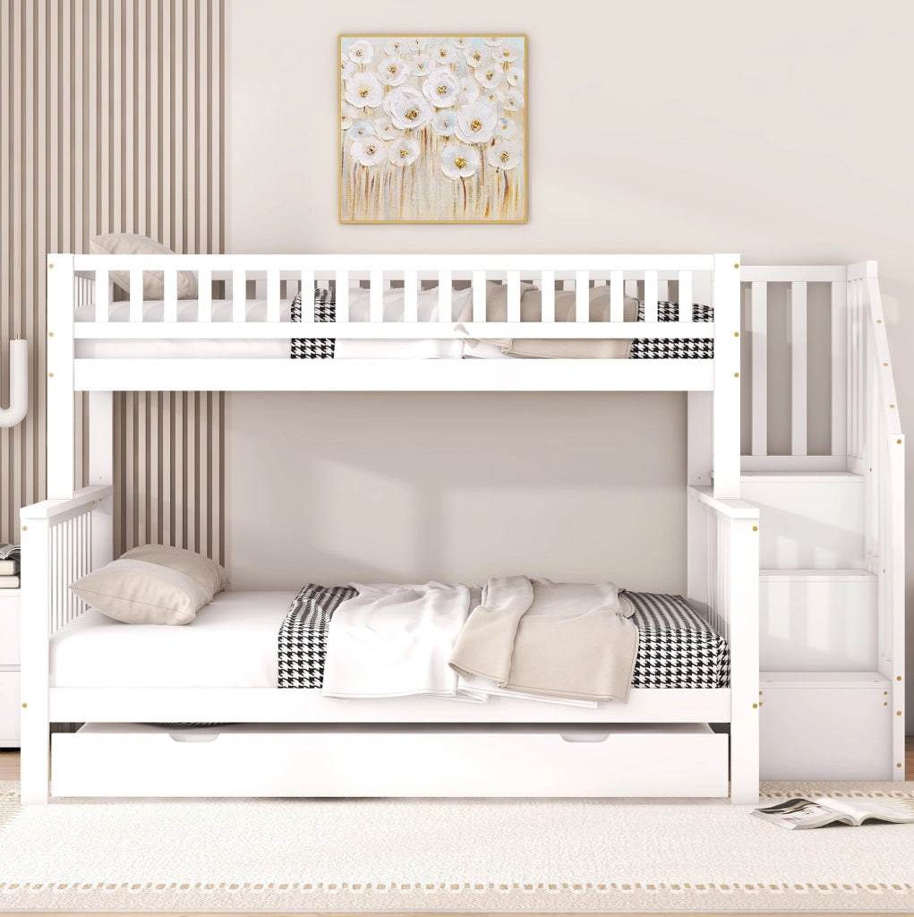 Letto a castello ULEVR 90x200 e 140x200 cm con letto estraibile, scala contenitore, pino e MDF, bianco