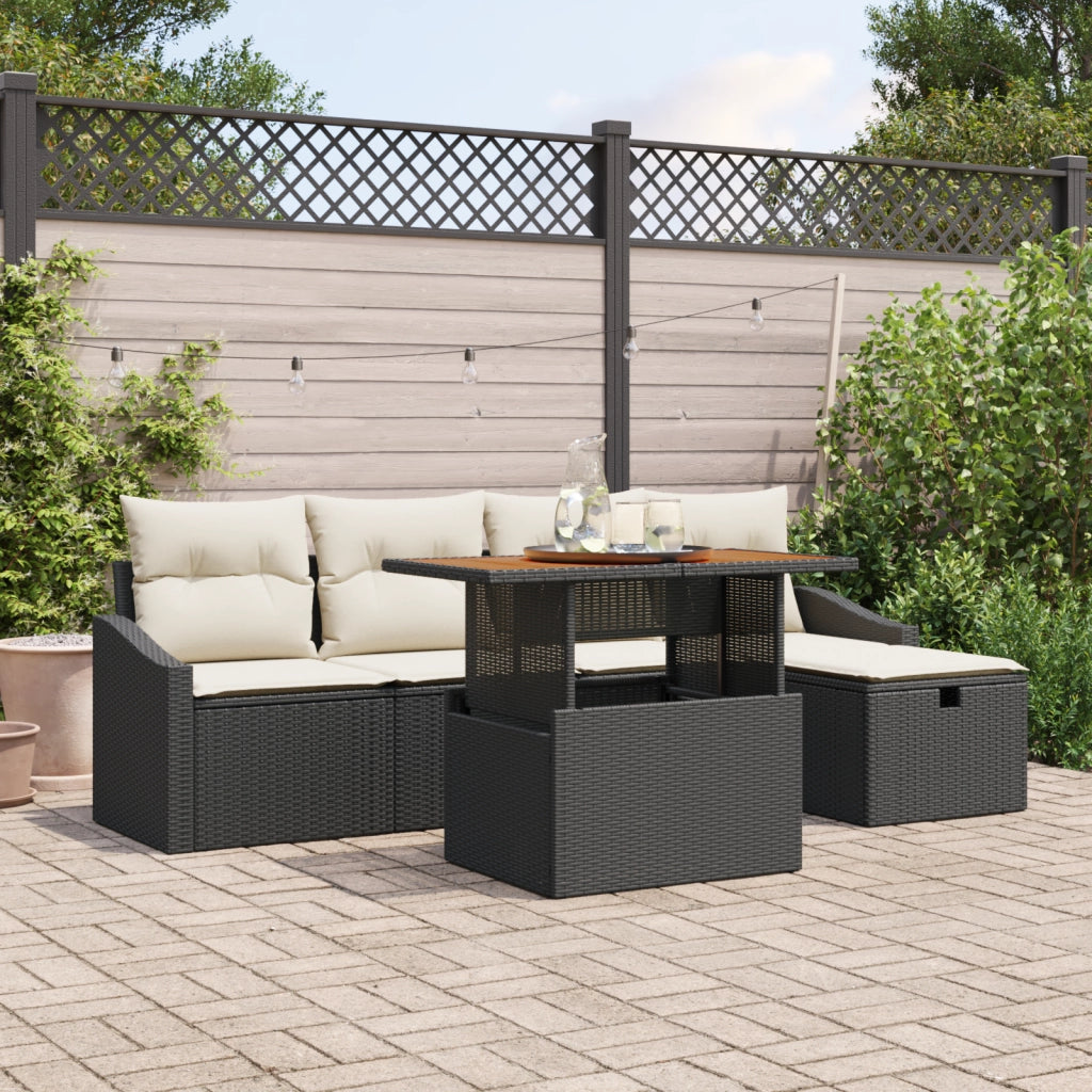 Set Divano da Giardino da 6 Pezzi con Cuscini Nero Polyrattan