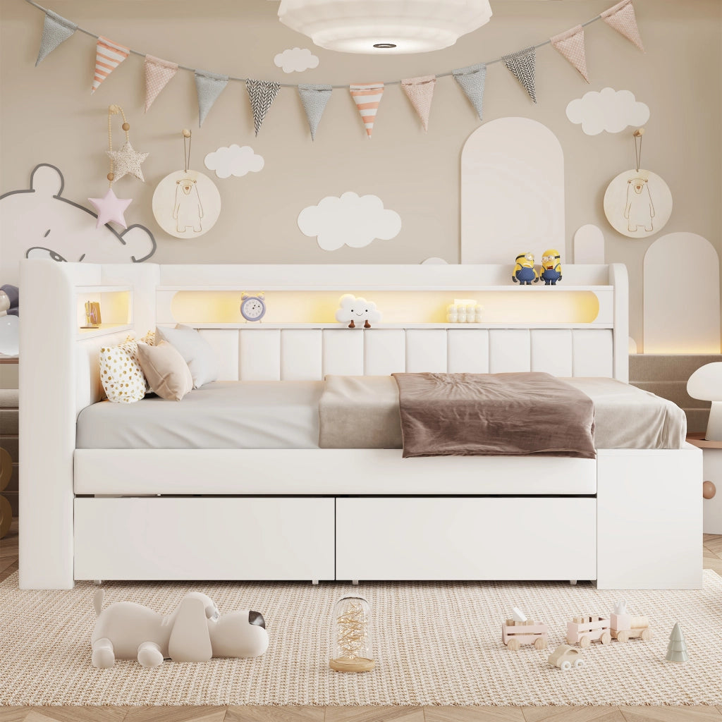 LETTO imbottito 90x200 cm bianco con USB, LED, scarpiera e 2 cassetti