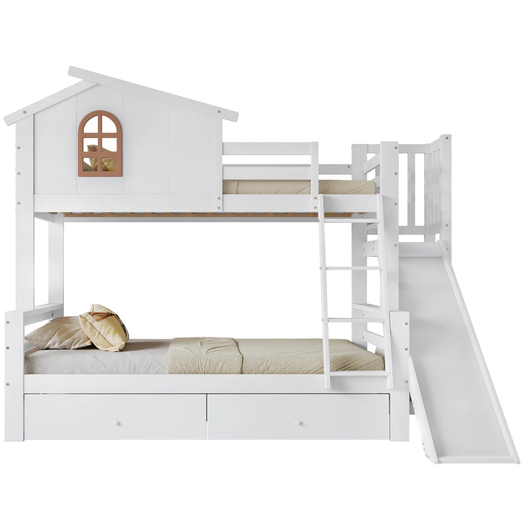 Letto a castello bianco con scivolo; scala inclinata e cassetti 90x200 e 120x200 cm