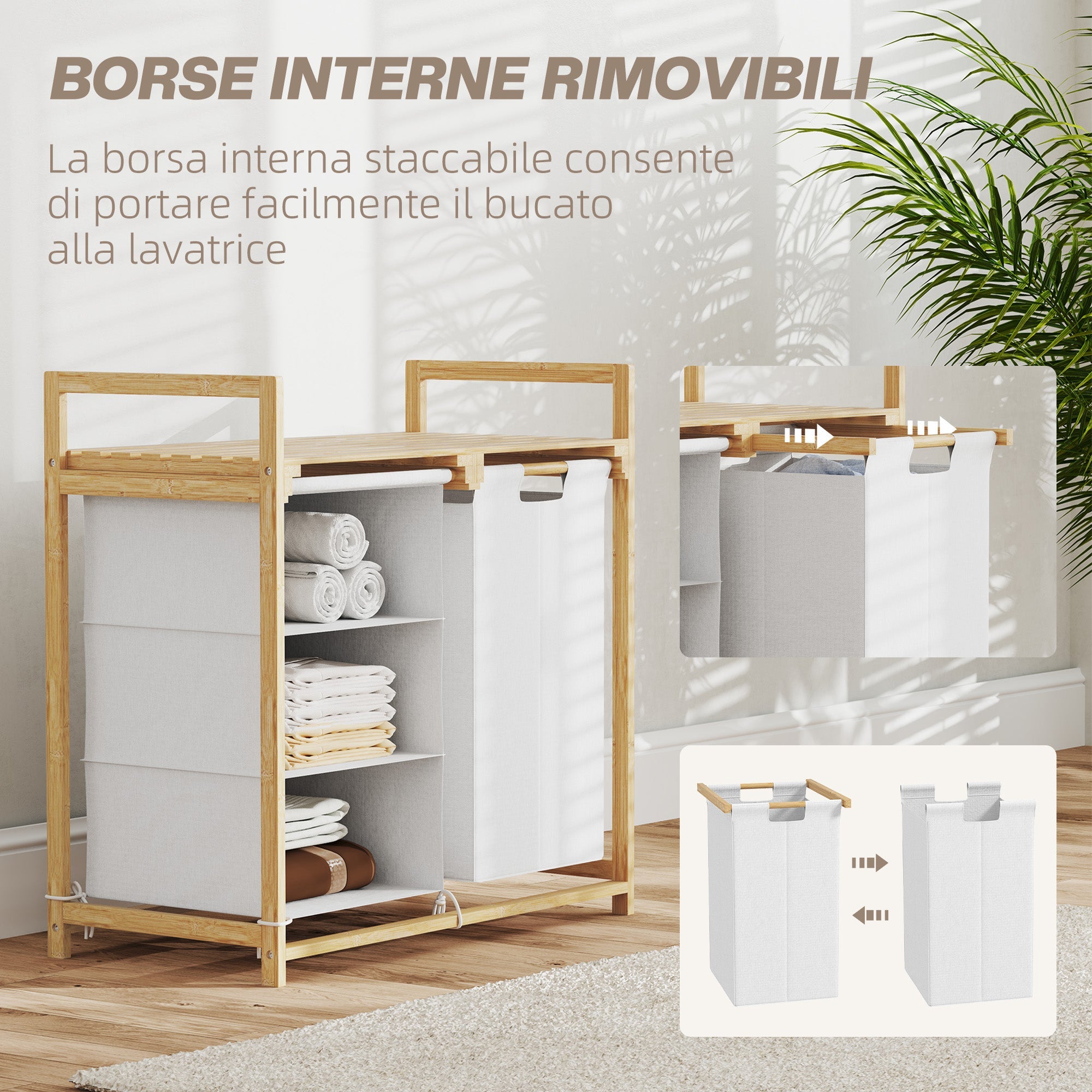 Cesto Portabiancheria 70x36x70 cm con 2 Borse Estraibili e Ripiano in Bambù Bianco