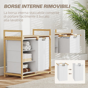 Cesto Portabiancheria 70x36x70 cm con 2 Borse Estraibili e Ripiano in Bambù Bianco