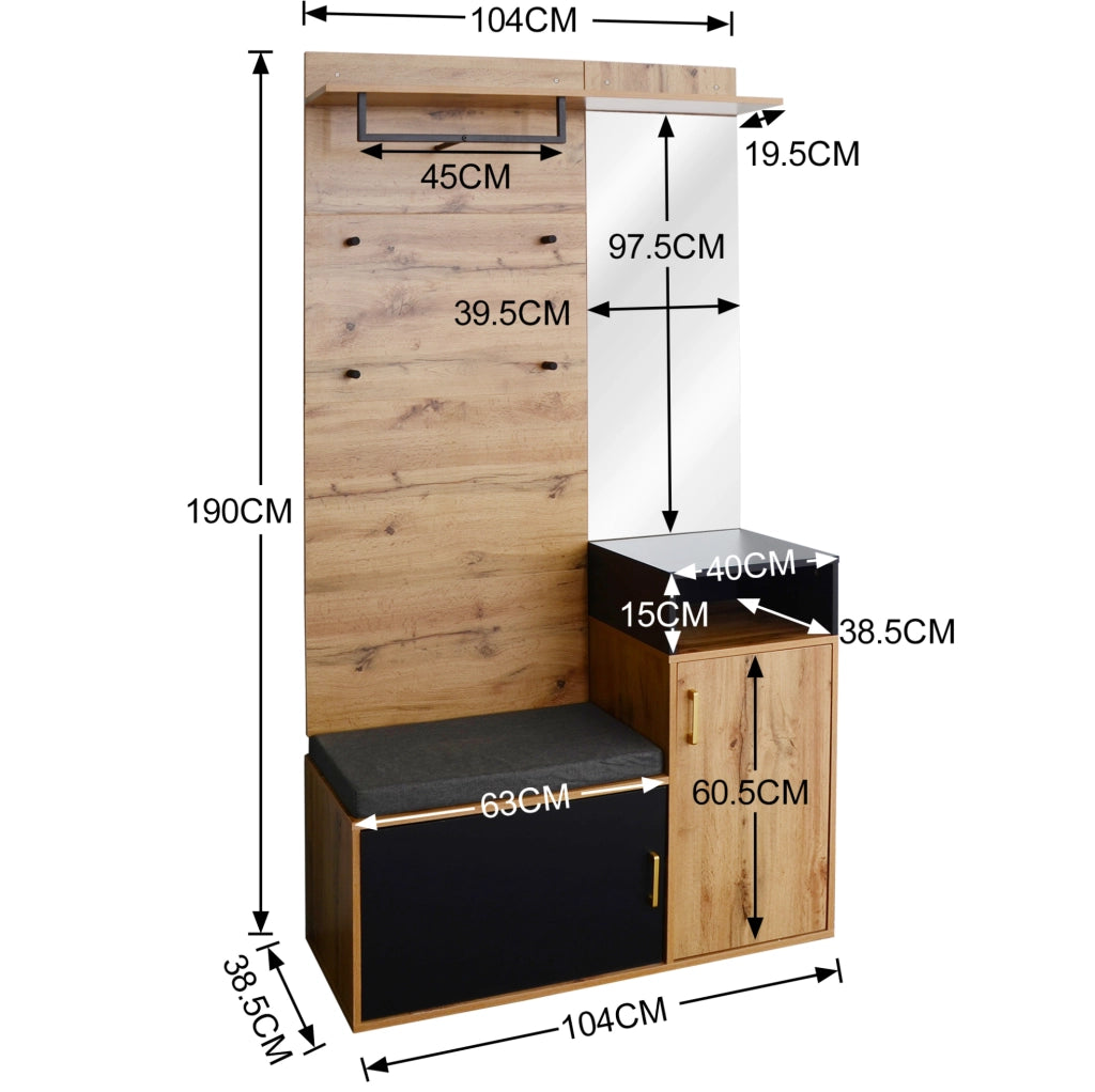 Set ingresso con scarpiera; specchio; 4 ganci e panca; 105x40x191;5 cm; nero e legno