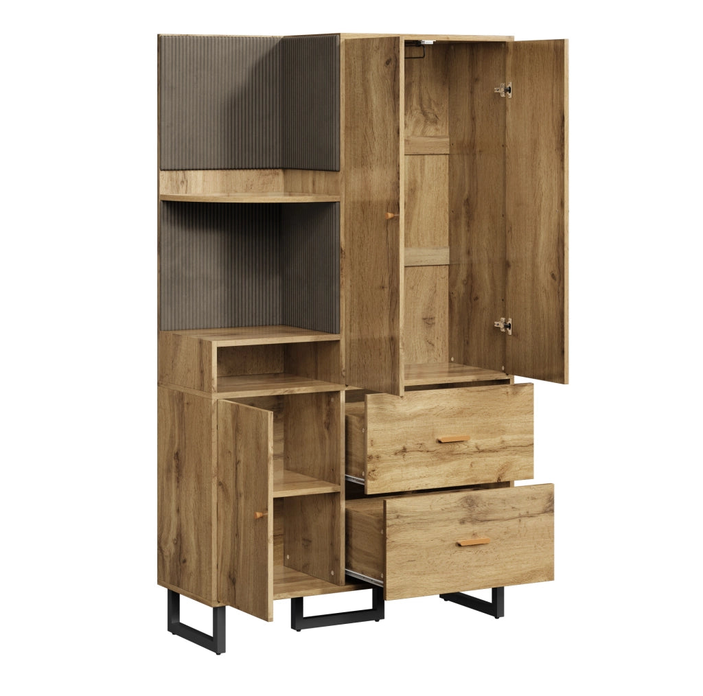 Guardaroba compatto 110x38x186 cm con appendiabiti estraibile e cassetti in MDF nero e naturale