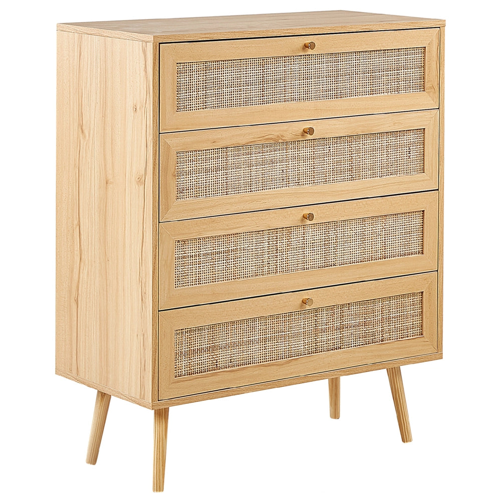 Cassettiera con 4 cassetti in rattan in colore marrone chiaro stile boho soggiorno camera da letto