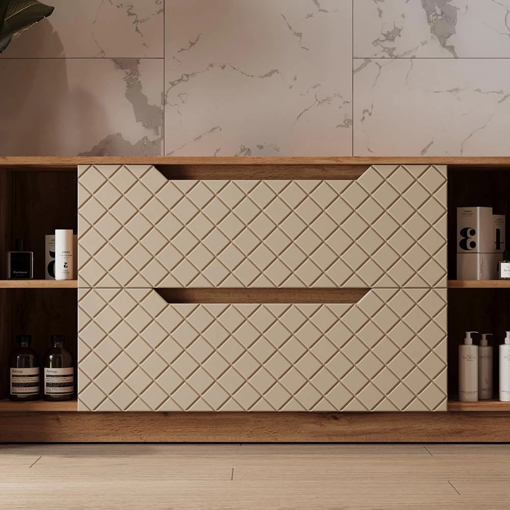 Mobile sottolavabo per bagno Lotta, Rovere/cashmere con struttura in piastrelle, 119.2 x 62.5 cm con 2 cassetti