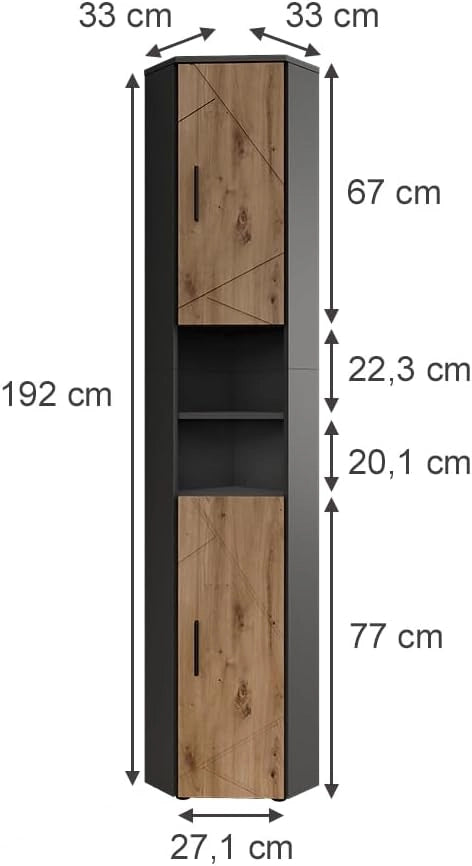 mobile alto Irma, Antracite/Artisan, 33 x 192 cm con 2 ante, per la conservazione di articoli da bagno e asciugamani