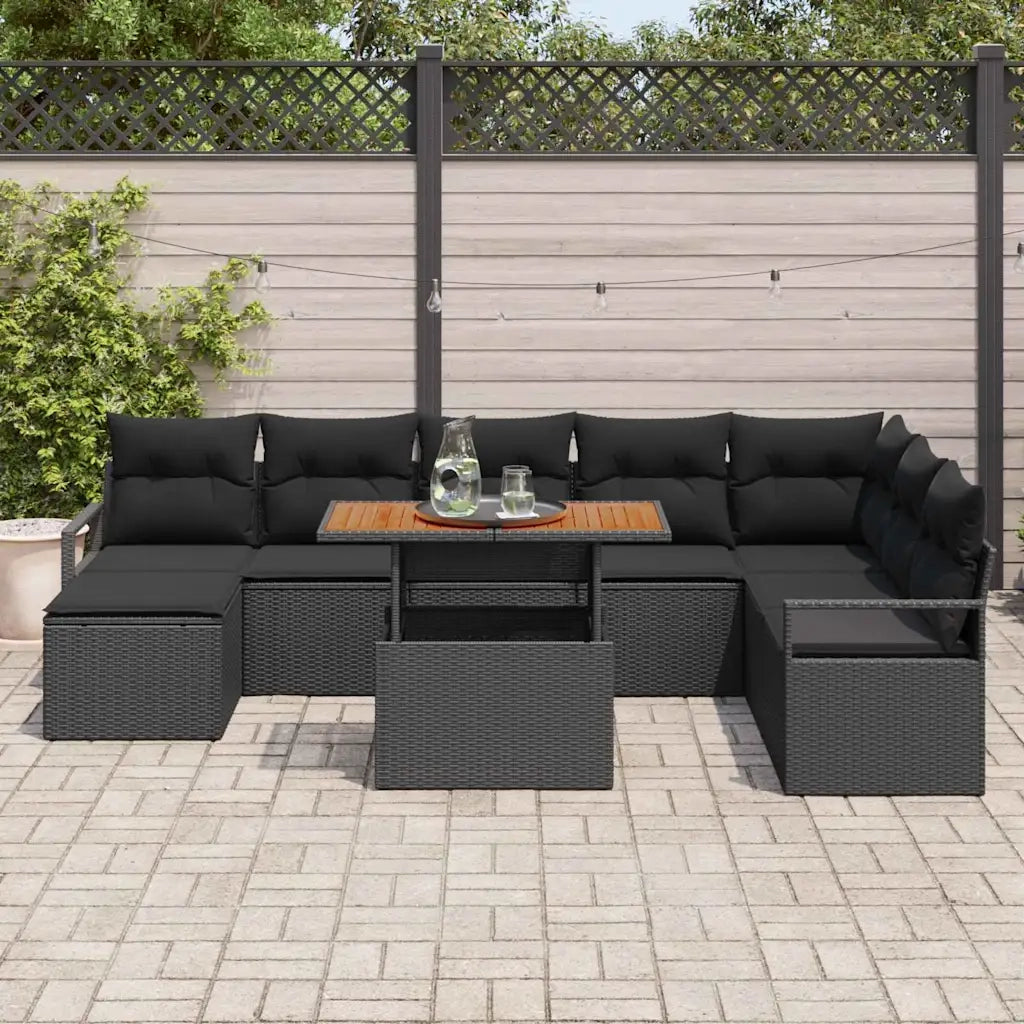 Set Divano da Giardino con cuscino 9 pcs Nero e Marrone
