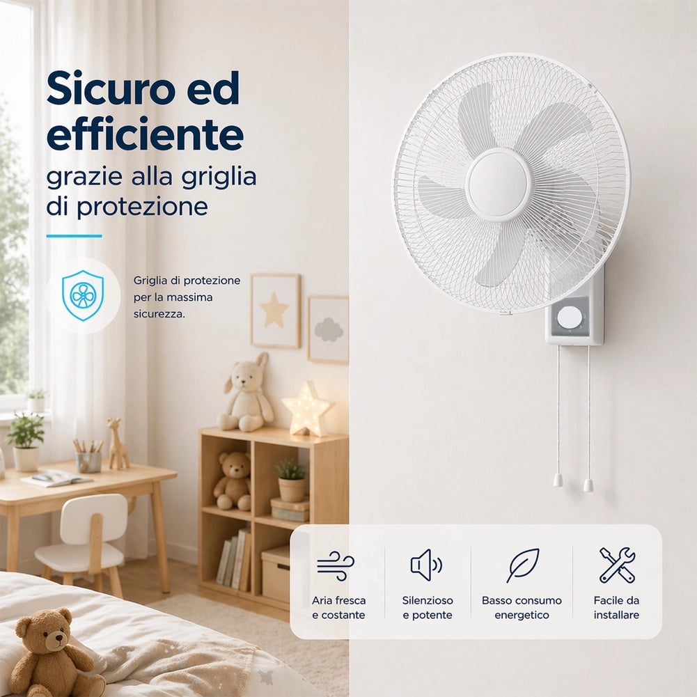 Ventilatore da Muro 43cm Bianco Raffrescatore Silenzioso 3 Velocità a Parete
