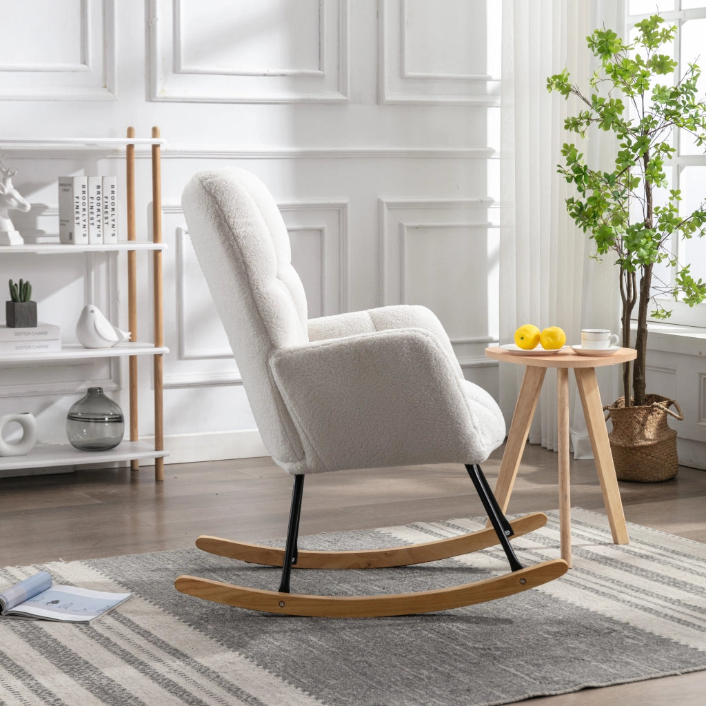 POLTRONA a dondolo 80x70x95 cm Teddy bianco con struttura in legno e metallo